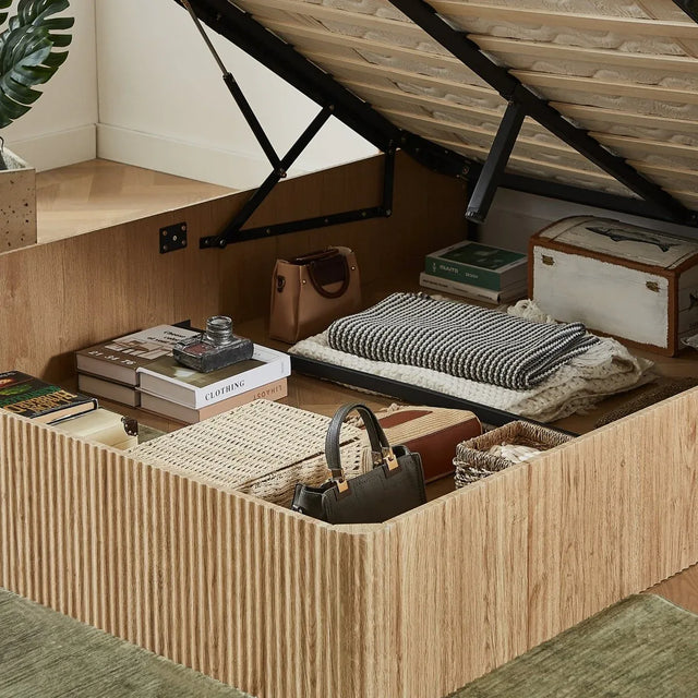 Queen Hydraulic Lift Storage Bed Frame Oak Finish - Omega Lifestyles