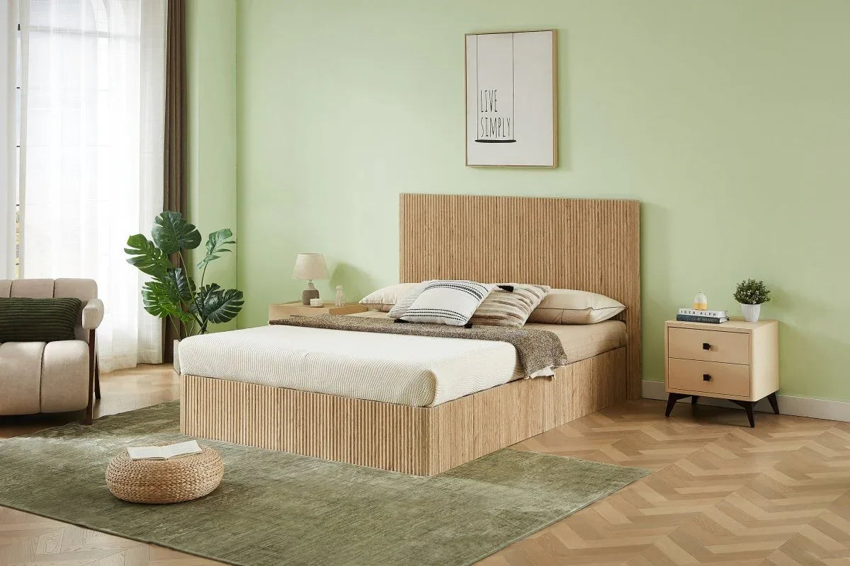 Queen Hydraulic Lift Storage Bed Frame Oak Finish - Omega Lifestyles