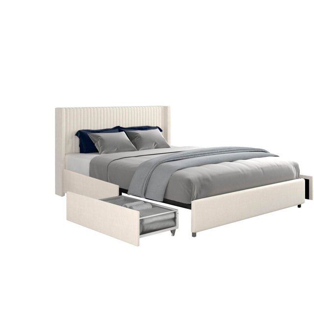 Queen Ivory Velvet Upholstered Wingback Storage Bed Frame - Omega Lifestyles