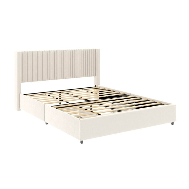 Queen Ivory Velvet Upholstered Wingback Storage Bed Frame - Driftwood - Omega Lifestyles