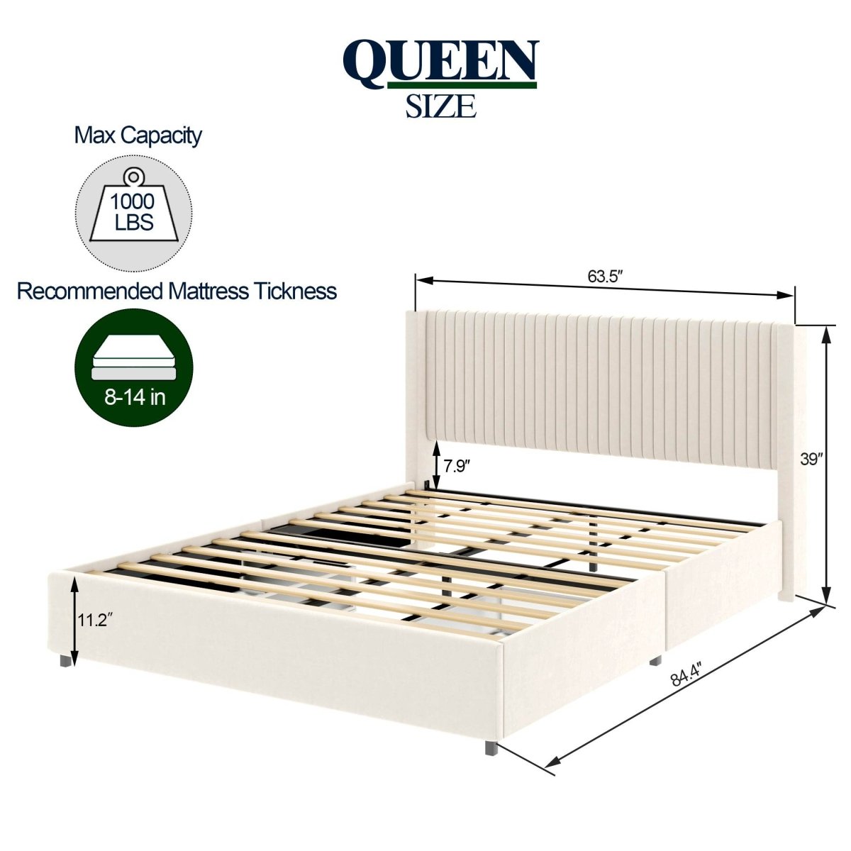 Queen Ivory Velvet Upholstered Wingback Storage Bed Frame - Driftwood - Omega Lifestyles