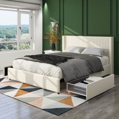Queen Ivory Velvet Upholstered Wingback Storage Bed Frame - Driftwood - Omega Lifestyles