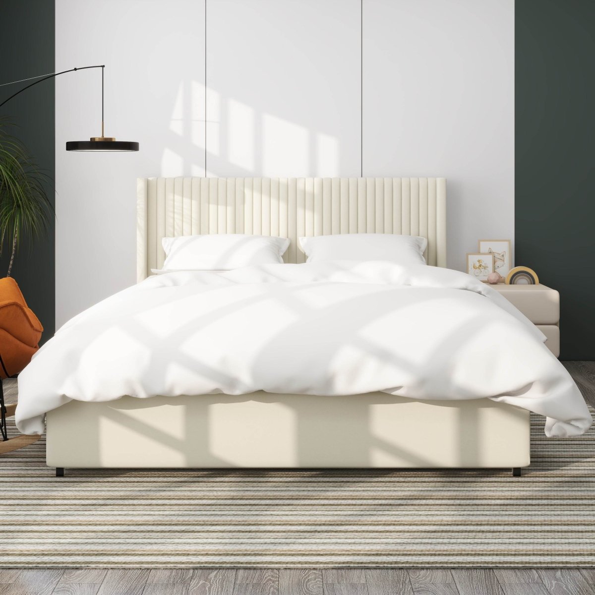 Queen Ivory Velvet Upholstered Wingback Storage Bed Frame - Driftwood - Omega Lifestyles
