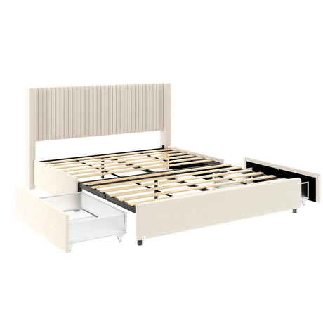 Queen Ivory Velvet Upholstered Wingback Storage Bed Frame - Driftwood - Omega Lifestyles