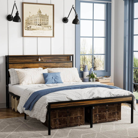 Queen LED Storage Bed Frame With Charging Station - Driftwood - Omega Lifestyles