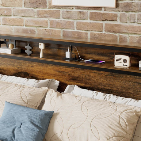 Queen LED Storage Bed Frame With Charging Station - Driftwood - Omega Lifestyles