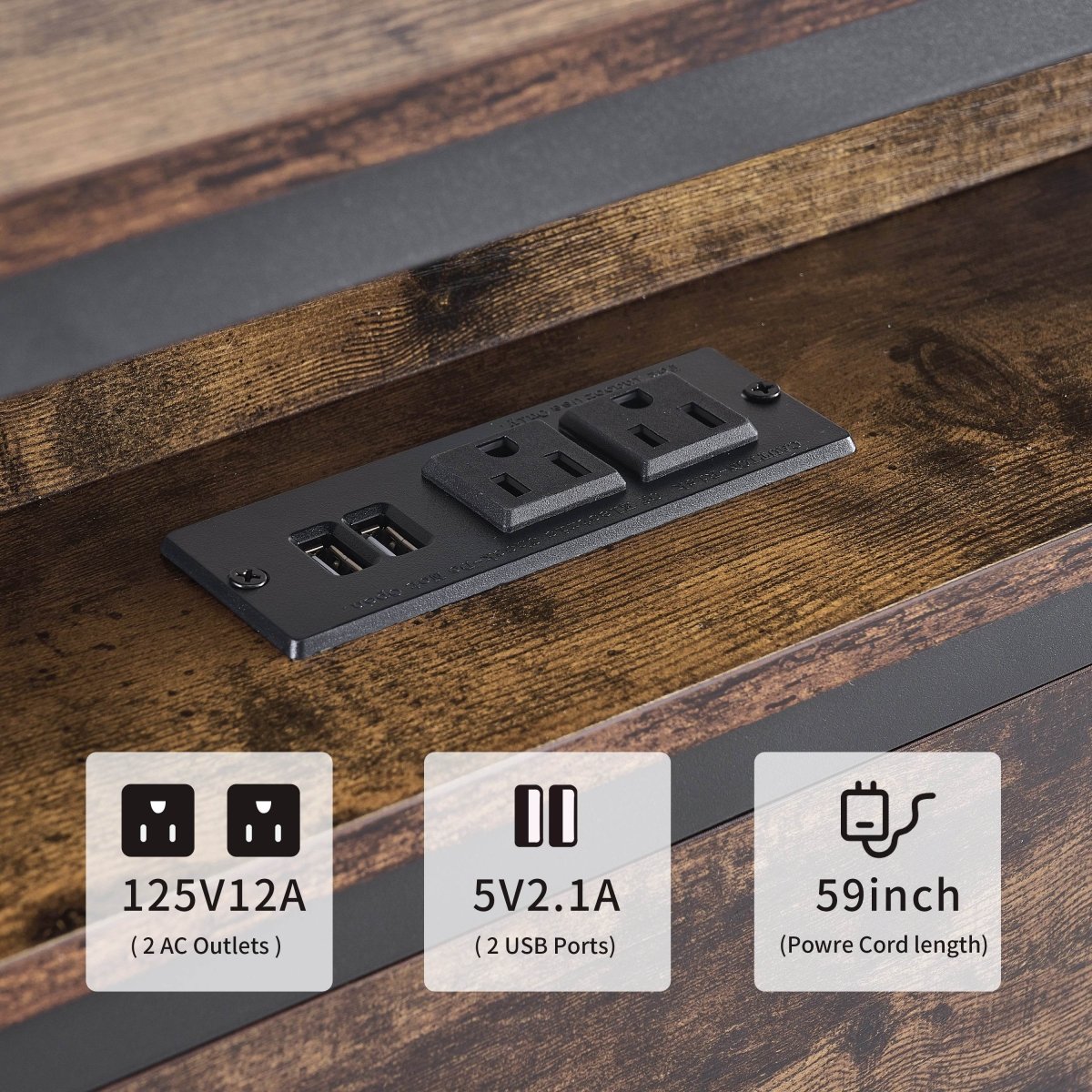 Queen LED Storage Bed Frame With Charging Station - Driftwood - Omega Lifestyles