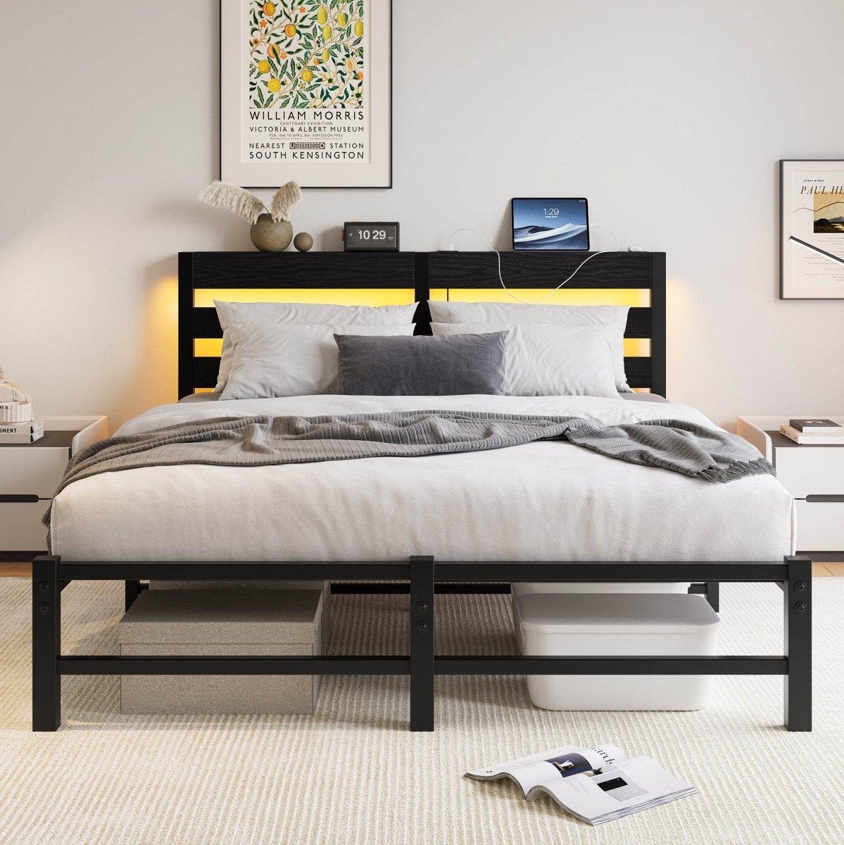 Queen Metal And Wood Bed Frame With RGB Lights - Driftwood - Omega Lifestyles