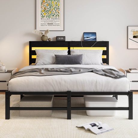 Queen Metal And Wood Bed Frame With RGB Lights - Driftwood - Omega Lifestyles