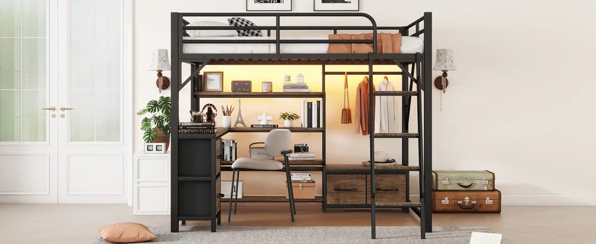Queen Metal Loft Bed With Desk Storage And LED - Omega Lifestyles