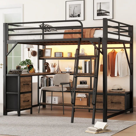 Queen Metal Loft Bed With Desk Storage And LED - Omega Lifestyles