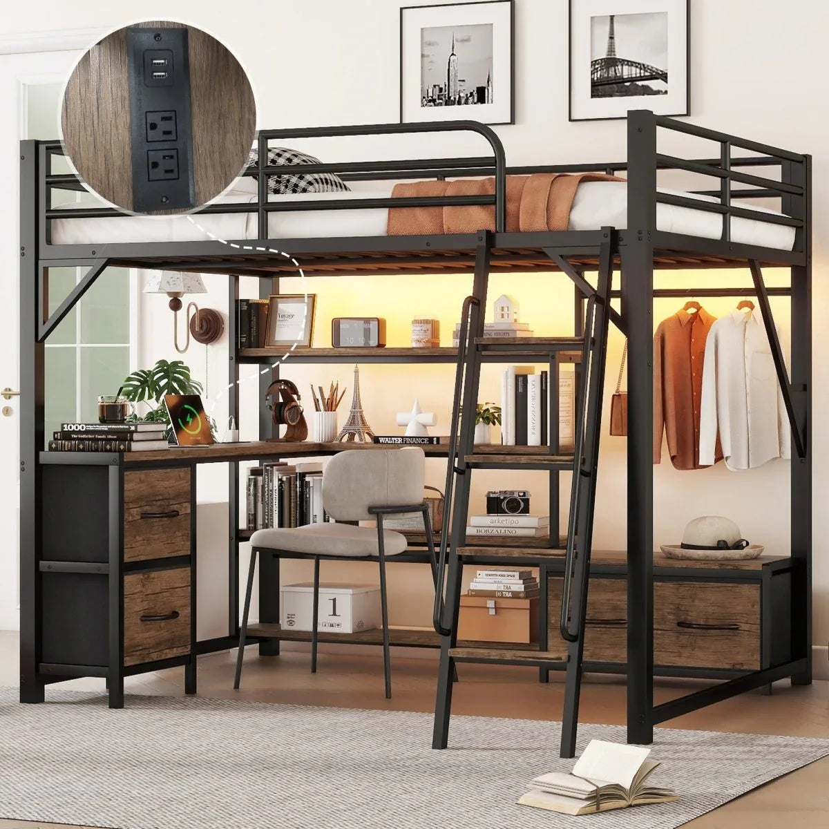 Queen Metal Loft Bed With Desk Storage And LED - Omega Lifestyles