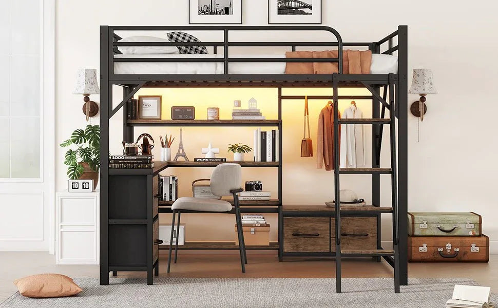Queen Metal Loft Bed With Desk Storage And LED - Omega Lifestyles