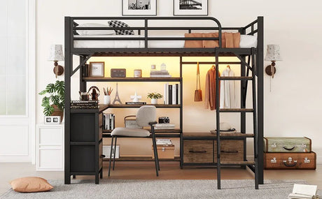 Queen Metal Loft Bed With Desk Storage And LED - Omega Lifestyles