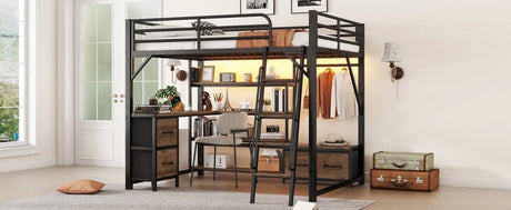 Queen Metal Loft Bed With Desk Storage And LED - Omega Lifestyles