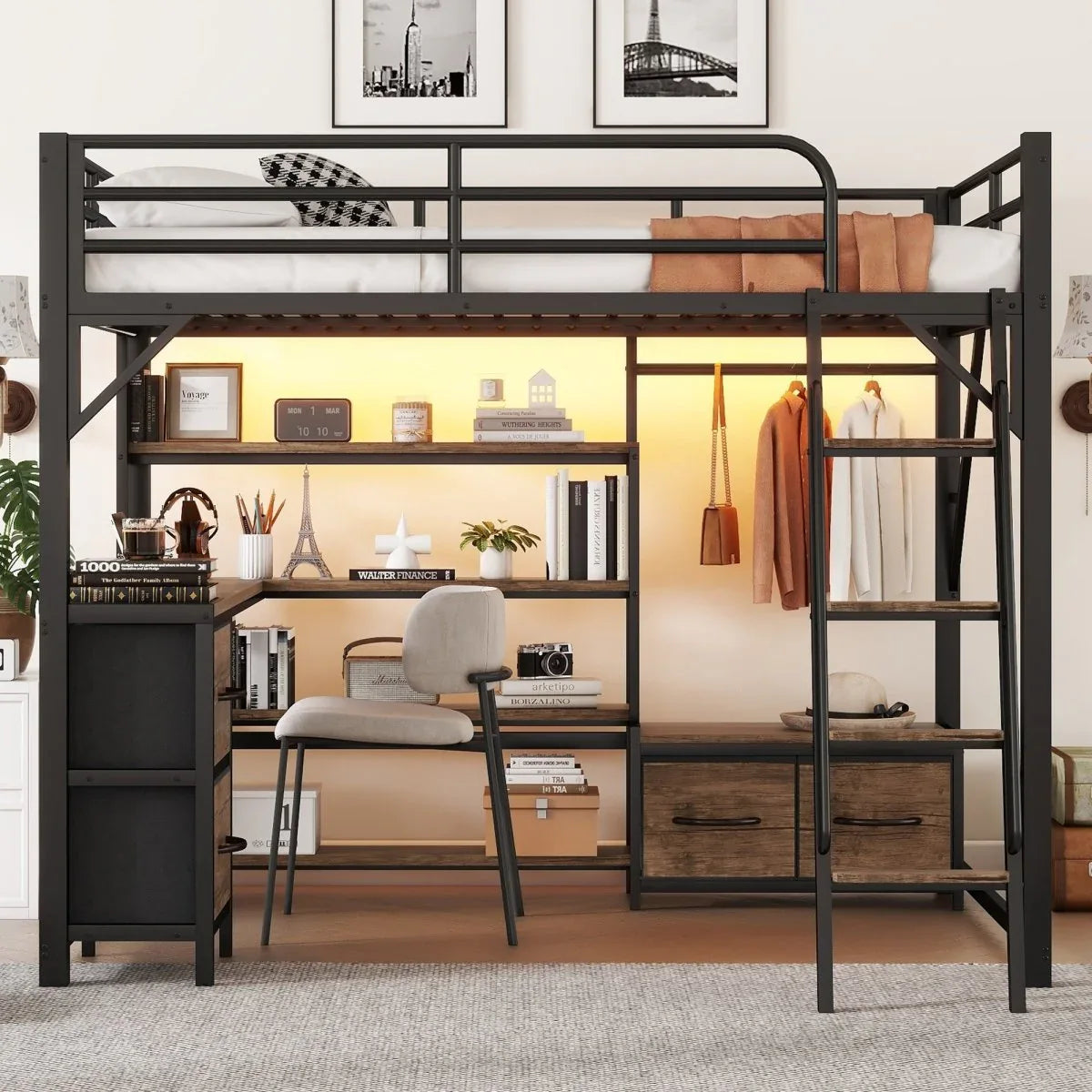 Queen Metal Loft Bed With Desk Storage And LED - Omega Lifestyles