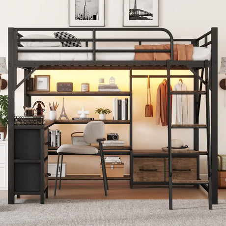 Queen Metal Loft Bed With Desk Storage And LED - Omega Lifestyles