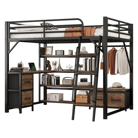 Queen Metal Loft Bed With Desk Storage And LED - Omega Lifestyles