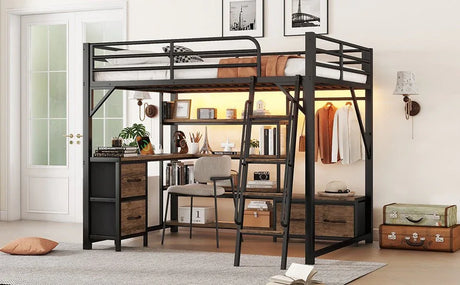 Queen Metal Loft Bed With Desk Storage And LED - Omega Lifestyles
