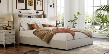 Queen Metal Platform Bed Frame With Ergonomic Headboard And Outlets - Driftwood - Omega Lifestyles