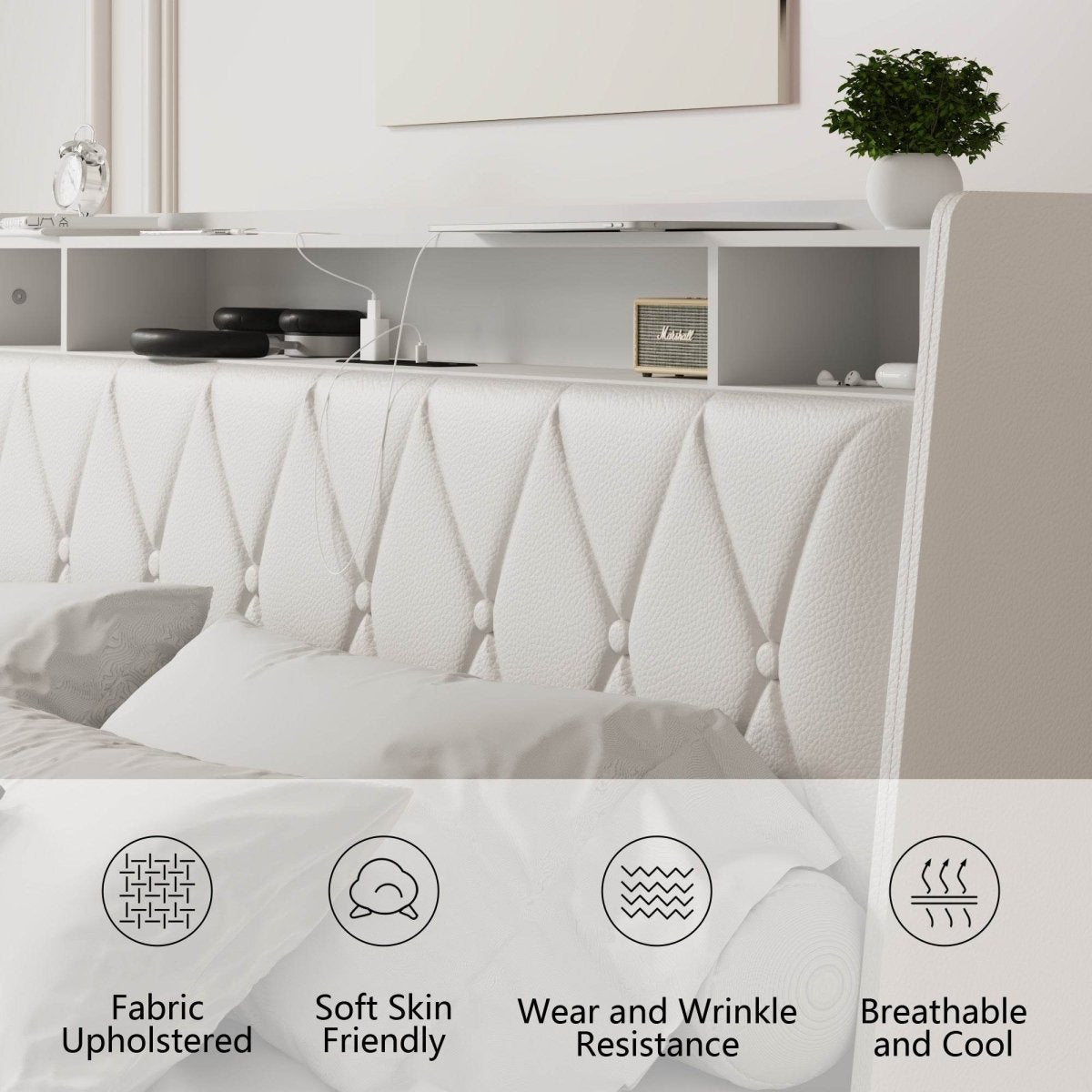 Queen Metal Platform Bed Frame With Ergonomic Headboard And Outlets - Driftwood - Omega Lifestyles