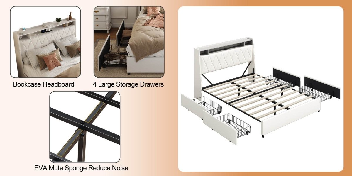 Queen Metal Platform Bed Frame With Ergonomic Headboard And Outlets - Driftwood - Omega Lifestyles