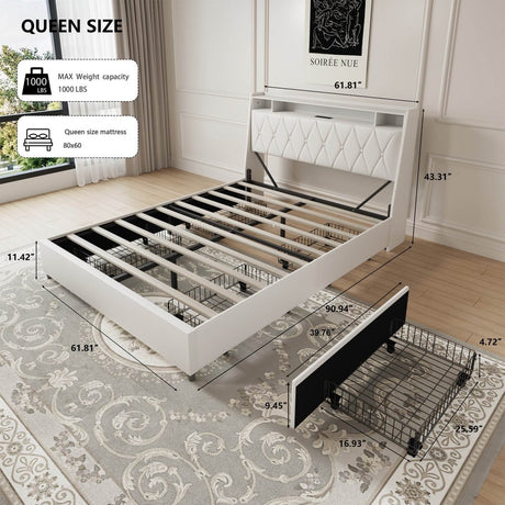 Queen Metal Platform Bed Frame With Ergonomic Headboard And Outlets - Driftwood - Omega Lifestyles