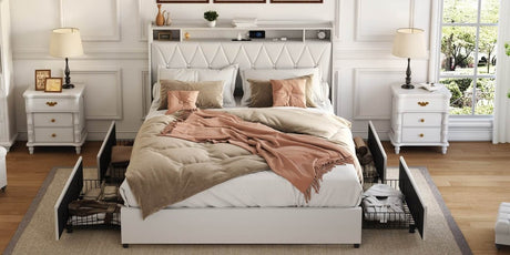 Queen Metal Platform Bed Frame With Ergonomic Headboard And Outlets - Driftwood - Omega Lifestyles