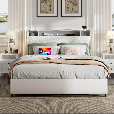 Queen Metal Platform Bed Frame With Ergonomic Headboard And Outlets - Driftwood - Omega Lifestyles