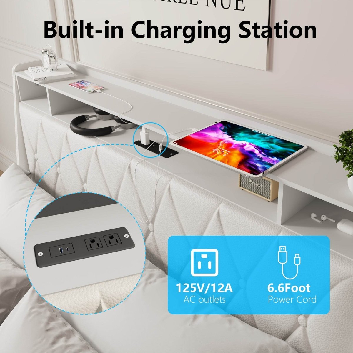 Queen Metal Platform Bed Frame With Ergonomic Headboard And Outlets - Driftwood - Omega Lifestyles