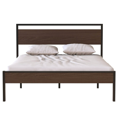 Queen Metal Platform Bed Frame With Wooden Headboard - Driftwood - Omega Lifestyles
