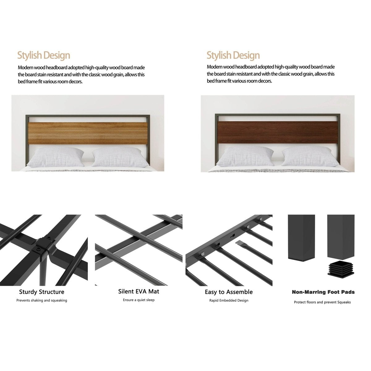 Queen Metal Platform Bed Frame With Wooden Headboard - Driftwood - Omega Lifestyles