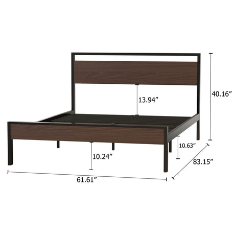 Queen Metal Platform Bed Frame With Wooden Headboard - Driftwood - Omega Lifestyles