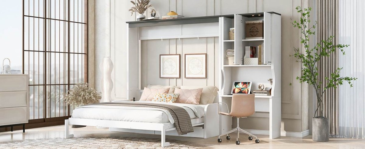 Queen Multi - Functional Murphy Bed With Sofa Desk Storage - Driftwood - Omega Lifestyles
