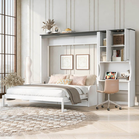 Queen Multi - Functional Murphy Bed With Sofa Desk Storage - Driftwood - Omega Lifestyles