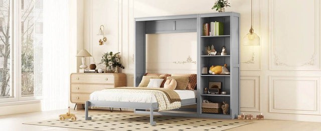 Queen Murphy Wall Bed With Shelves Solid Wood - Omega Lifestyles
