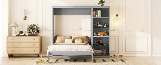 Queen Murphy Wall Bed With Shelves Solid Wood - Omega Lifestyles