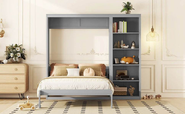 Queen Murphy Wall Bed With Shelves Solid Wood - Omega Lifestyles