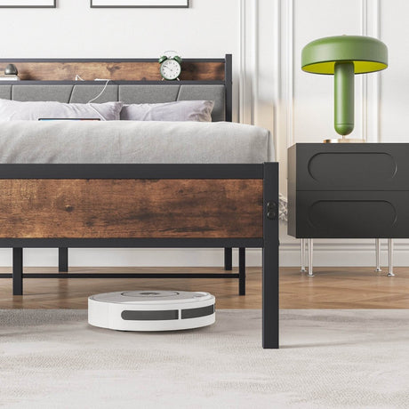 Queen Storage Bed Frame With Charging Station and Headboard - Driftwood - Omega Lifestyles