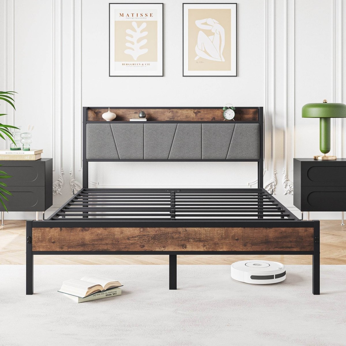 Queen Storage Bed Frame With Charging Station and Headboard - Driftwood - Omega Lifestyles