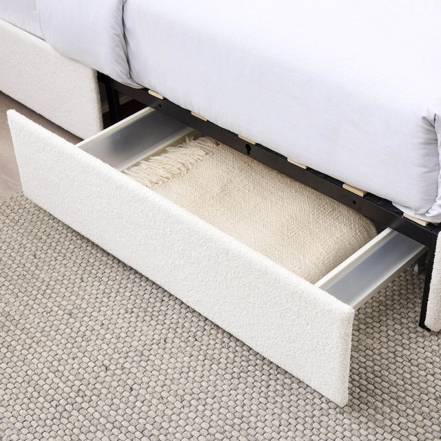 Queen Upholstered Boucle Storage Bed Frame With Drawers - Omega Lifestyles