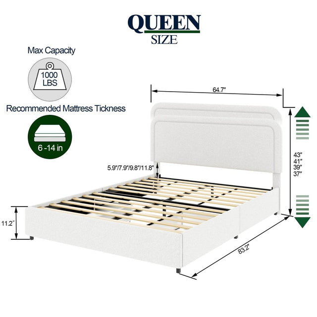 Queen Upholstered Boucle Storage Bed Frame With Drawers - Omega Lifestyles