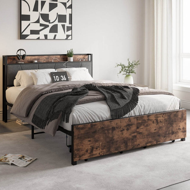 Queen Upholstered Storage Bed Frame With Charging Station - Omega Lifestyles