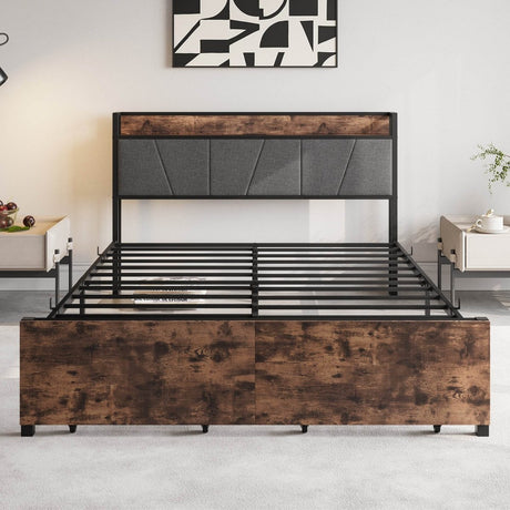 Queen Upholstered Storage Bed Frame With Charging Station - Driftwood - Omega Lifestyles