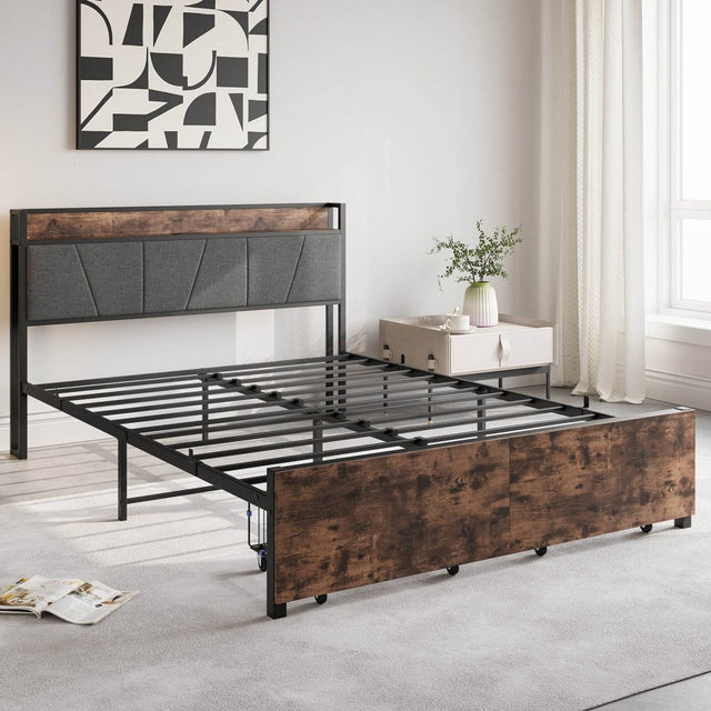 Queen Upholstered Storage Bed Frame With Charging Station - Omega Lifestyles