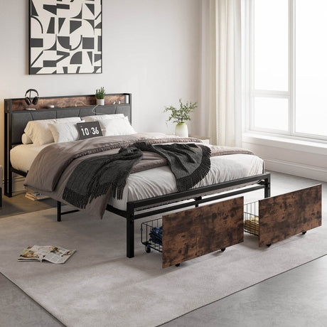 Queen Upholstered Storage Bed Frame With Charging Station - Driftwood - Omega Lifestyles