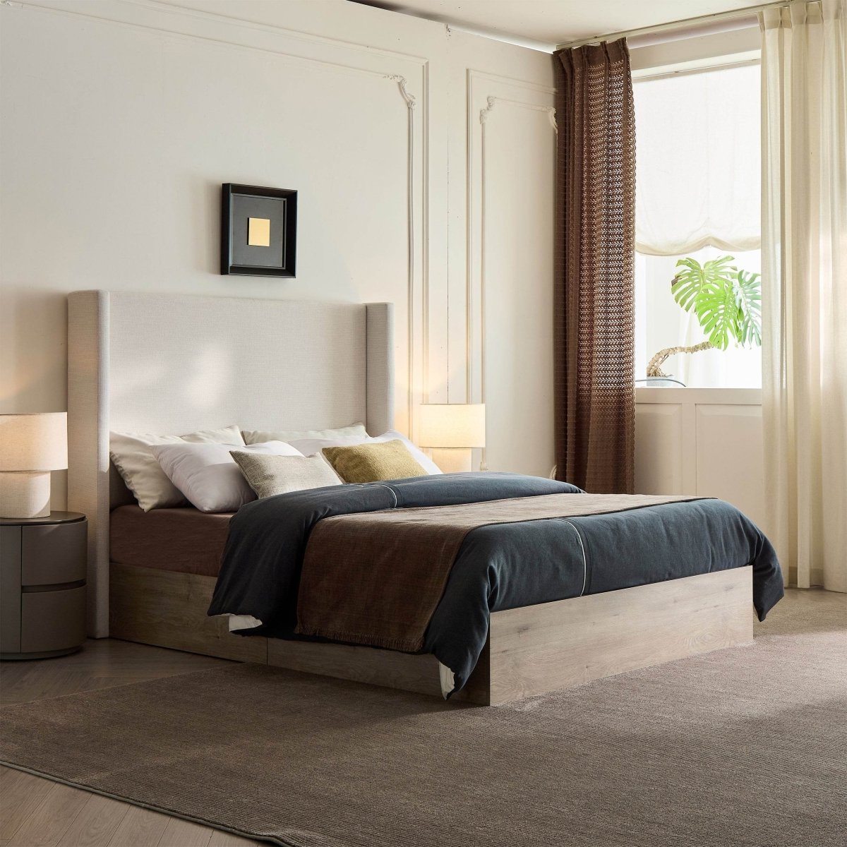 Queen Upholstered Wingback Chenille Fabric Bed Frame - Driftwood - Omega Lifestyles