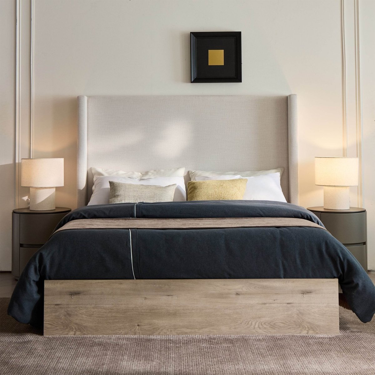 Queen Upholstered Wingback Chenille Fabric Bed Frame - Driftwood - Omega Lifestyles