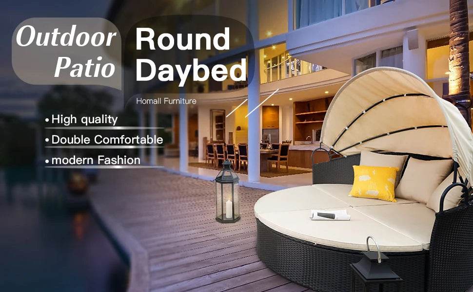 Retractable Canopy Rattan Outdoor Daybed With Cushions - Omega Lifestyles