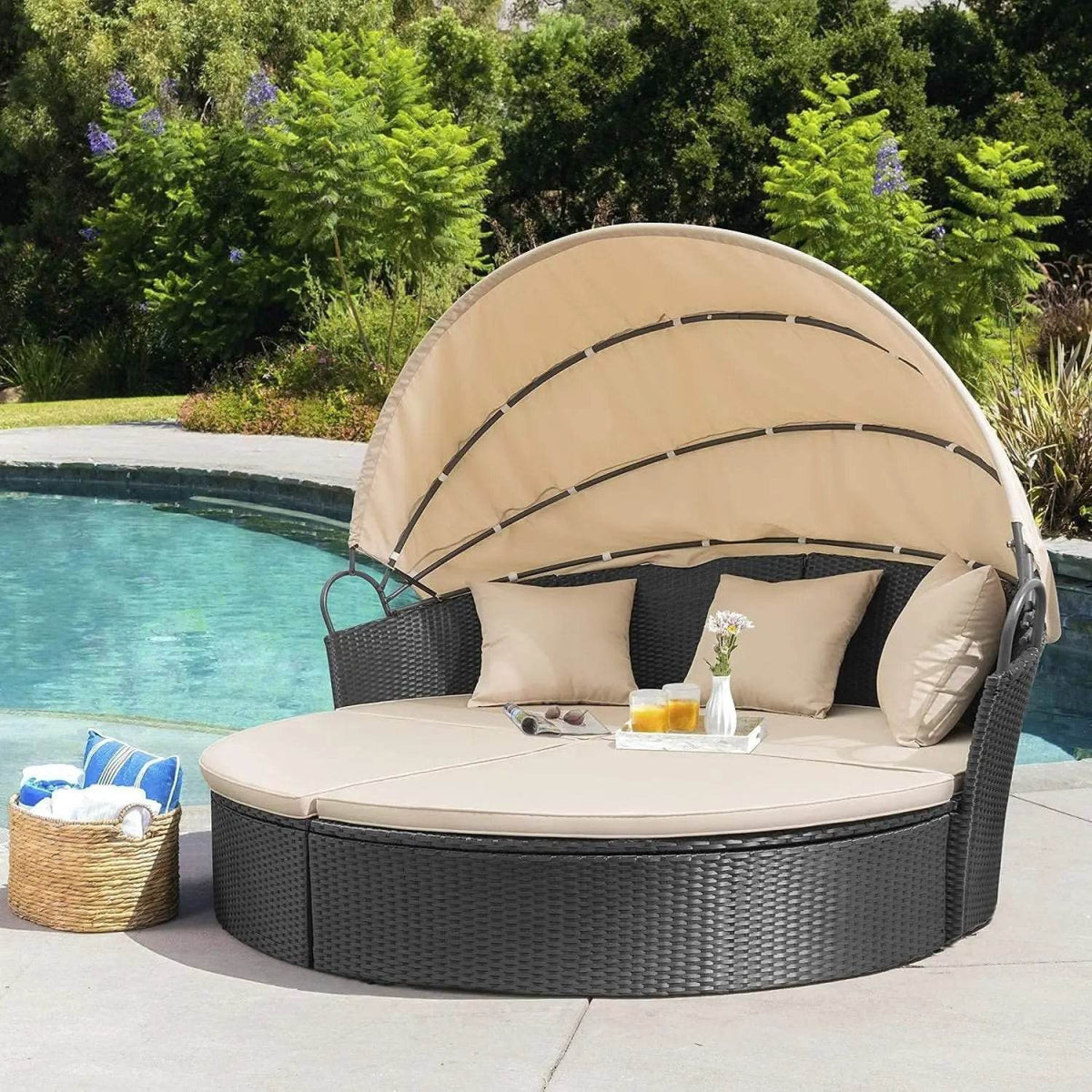 Retractable Canopy Rattan Outdoor Daybed With Cushions - Omega Lifestyles